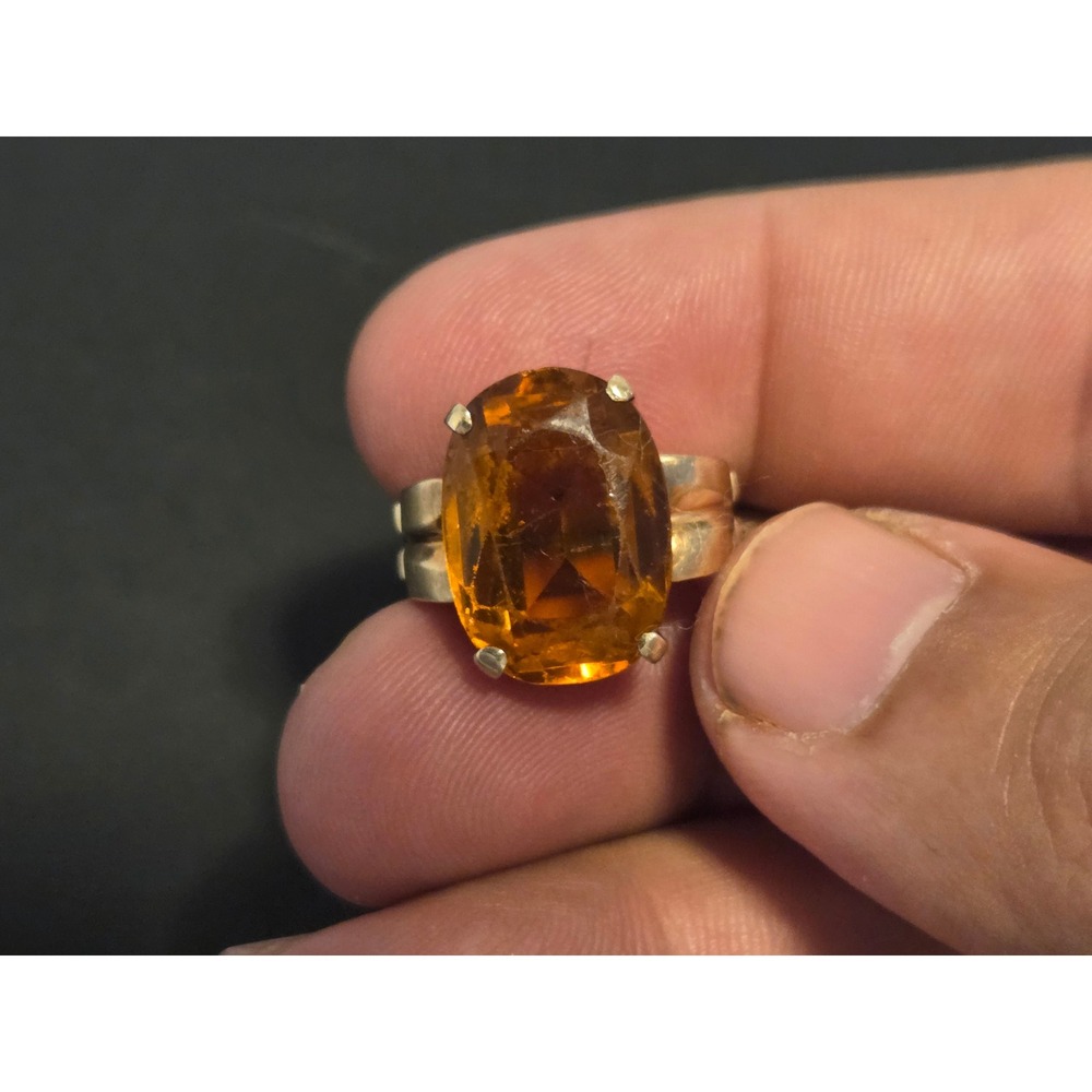 Vintage 10K Yellow Gold Oval Citrine Glass Statement Ring Split Shoulder Band